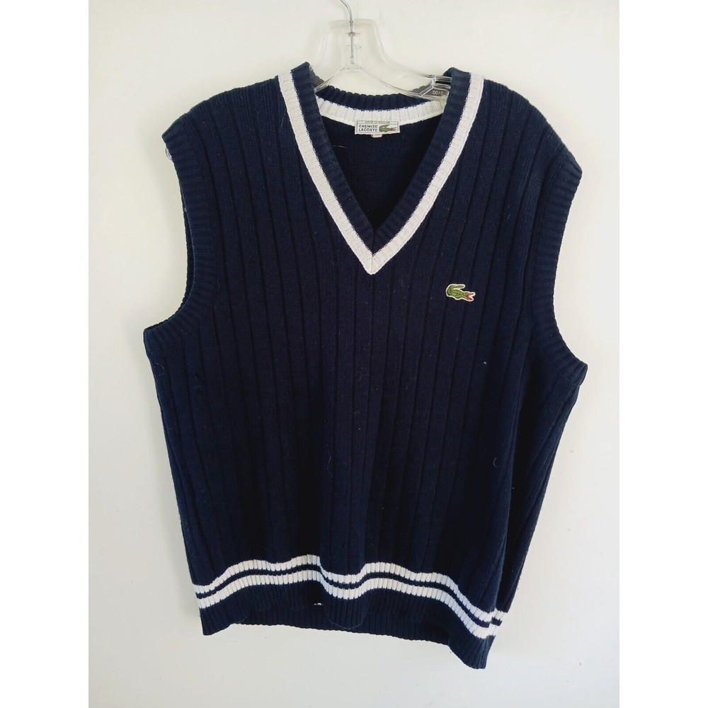 Chemise Lacoste Mens Vest Size 5 Blue White Trim V Neck Sleeveless Made in Paris